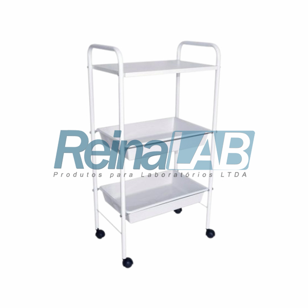 Mesa Auxiliar em Aço Pintado Branco com 1 Prateleira/ 2 Badejas e Alças